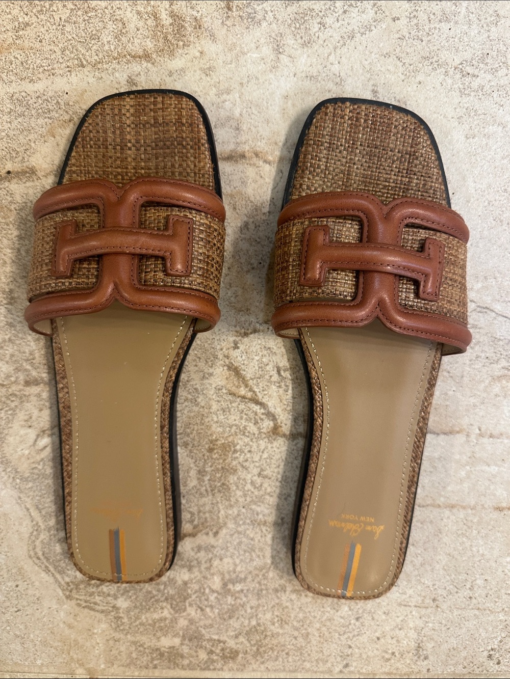 Sam Edelman Brown Woven Leather-Trim Slide Sandals